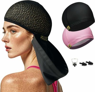 Cuffie da nuoto  |  Cappello da bagno in tessuto impermeabile per donne, copricapo in rete per capelli, cuffia da nuoto elastica per capelli lunghi. Cuffie da nuoto Cuffie da nuoto