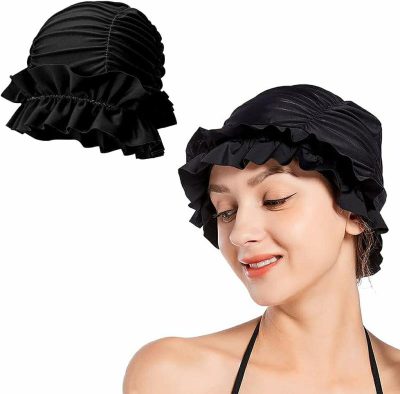 Cuffie da nuoto  |  Cuffia da Nuoto in Nylon per Donne con Pieghe Vintage e Rouches, Cuffia da Bagno Asciugatura Rapida, Turbante per Capelli Lunghi e Spessi Cuffie da nuoto Cuffie da nuoto