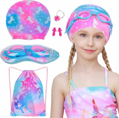 Cuffie da nuoto  |  Cuffie da Nuoto per Bambine con Capelli Lunghi e Corti, Cuffia da Nuoto in Silicone Impermeabile per Bambini e Adolescenti con Occhialini da Nuoto e Borsa da Nuoto per Ragazze e Ragazzi (Età 6-12) Cuffie da nuoto Cuffie da nuoto