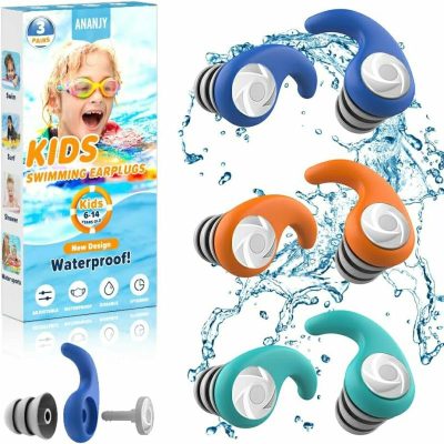 Guanti acquatici  |  Tappi per le orecchie impermeabili per bambini – 3 paia di tappi per le orecchie in silicone morbido riutilizzabili, protezione per le orecchie per bambini (4-12 anni) – Ideali per surf, immersioni, piscina, doccia e sport acquatici. Guanti acquatici Blu, arancione, azzurro