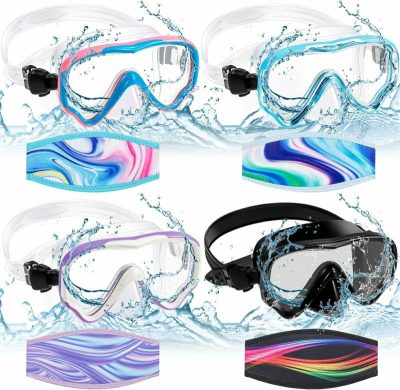 Occhiali protettivi  |  4 paia di occhialini per bambini con copri-naso per età 6-14, occhialini per bambini con cinturino in tessuto, maschera da snorkeling, maschera da immersione in vetro temperato, maschera da nuoto con copertura per cinturino, 4 colori Occhiali protettivi come mostrato nelle immagini