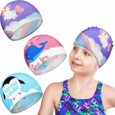 Cuffie da nuoto  |  3 Pezzi Cappelli da Nuoto per Bambini, Cappelli da Bagno per Ragazze, Cappelli da Nuoto Cartoon per Bambini, Cappelli da Bagno per Bambini per Capelli Lunghi e Corti Cuffie da nuoto Cuffie da nuoto