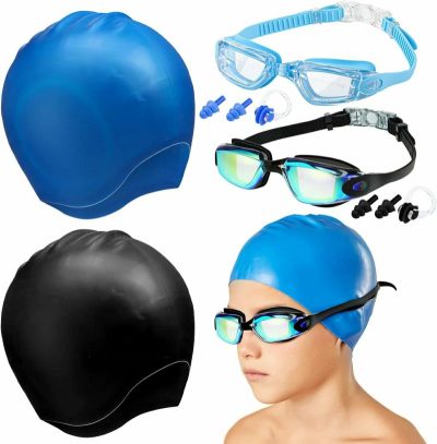 Cuffie da nuoto  |  4 Pacco di Cuffie da Nuoto per Bambini con Occhialini per Ragazzi e Ragazze, Cuffie da Bagno in Silicone con Tappi per Orecchie e Clip per Naso per Capelli Corti e Lunghi, Età 8-15 Anni, Giovanile Cuffie da nuoto Cuffie da nuoto